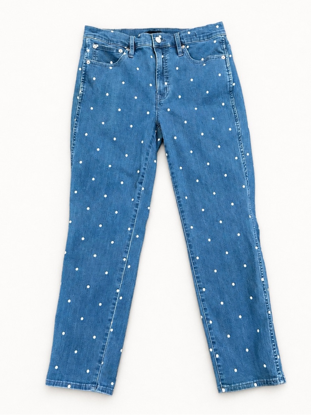 J. Crew Blue Denim Straight-Leg Jeans with White Polka Dots